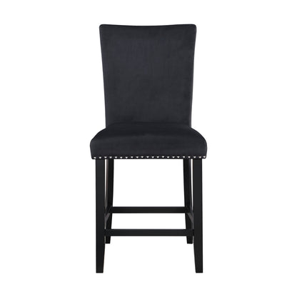 Set of Two 25" Black Wood and Velvet Counter Height Bar Chairs