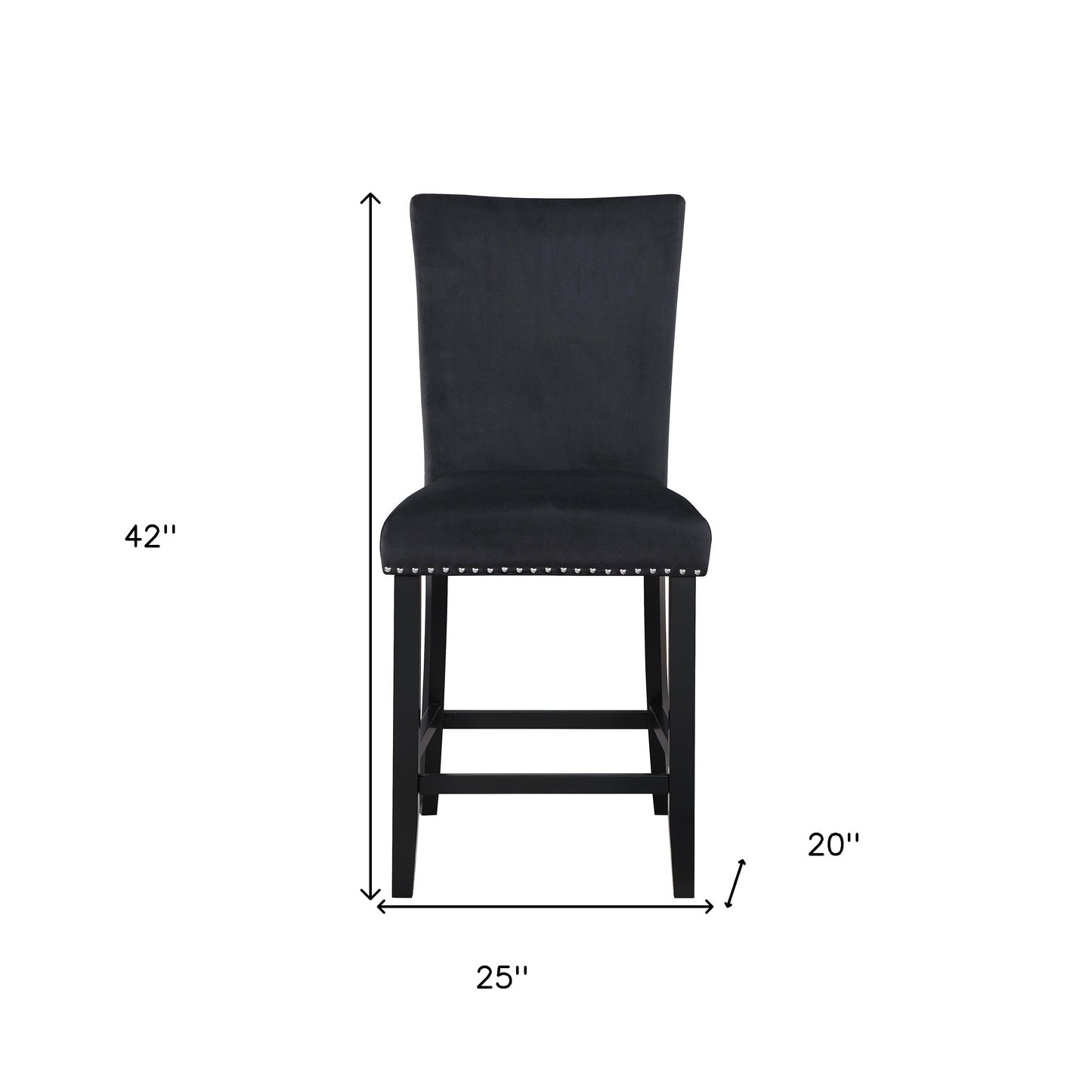 Set of Two 25" Black Wood and Velvet Counter Height Bar Chairs
