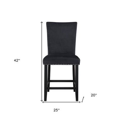 Set of Two 25" Black Wood and Velvet Counter Height Bar Chairs