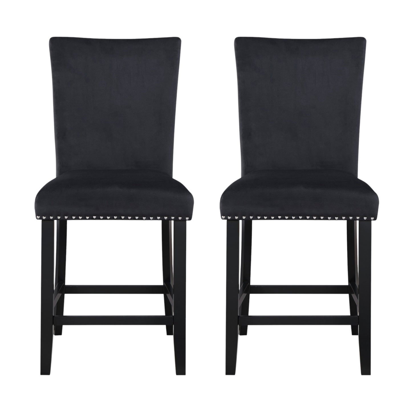 Set of Two 25" Black Wood and Velvet Counter Height Bar Chairs