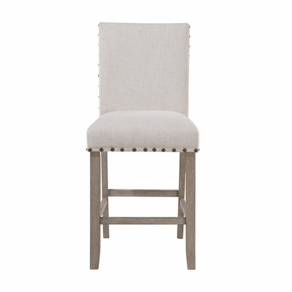 26" White and Natural Wood and Fabric Counter Height Bar Chair