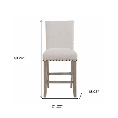 26" White and Natural Wood and Fabric Counter Height Bar Chair