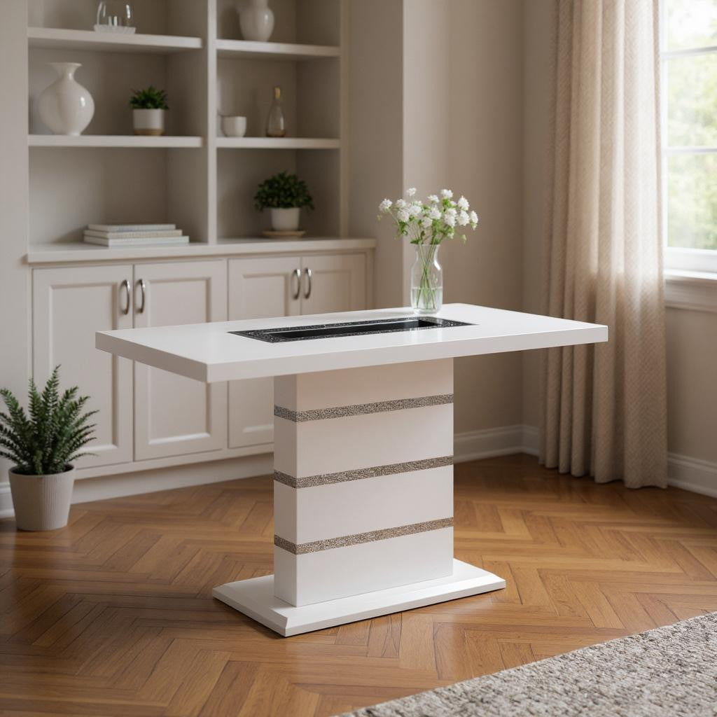 63" White Silver And Black Glass Faux Crystal And Wood Rectangular Bar Table