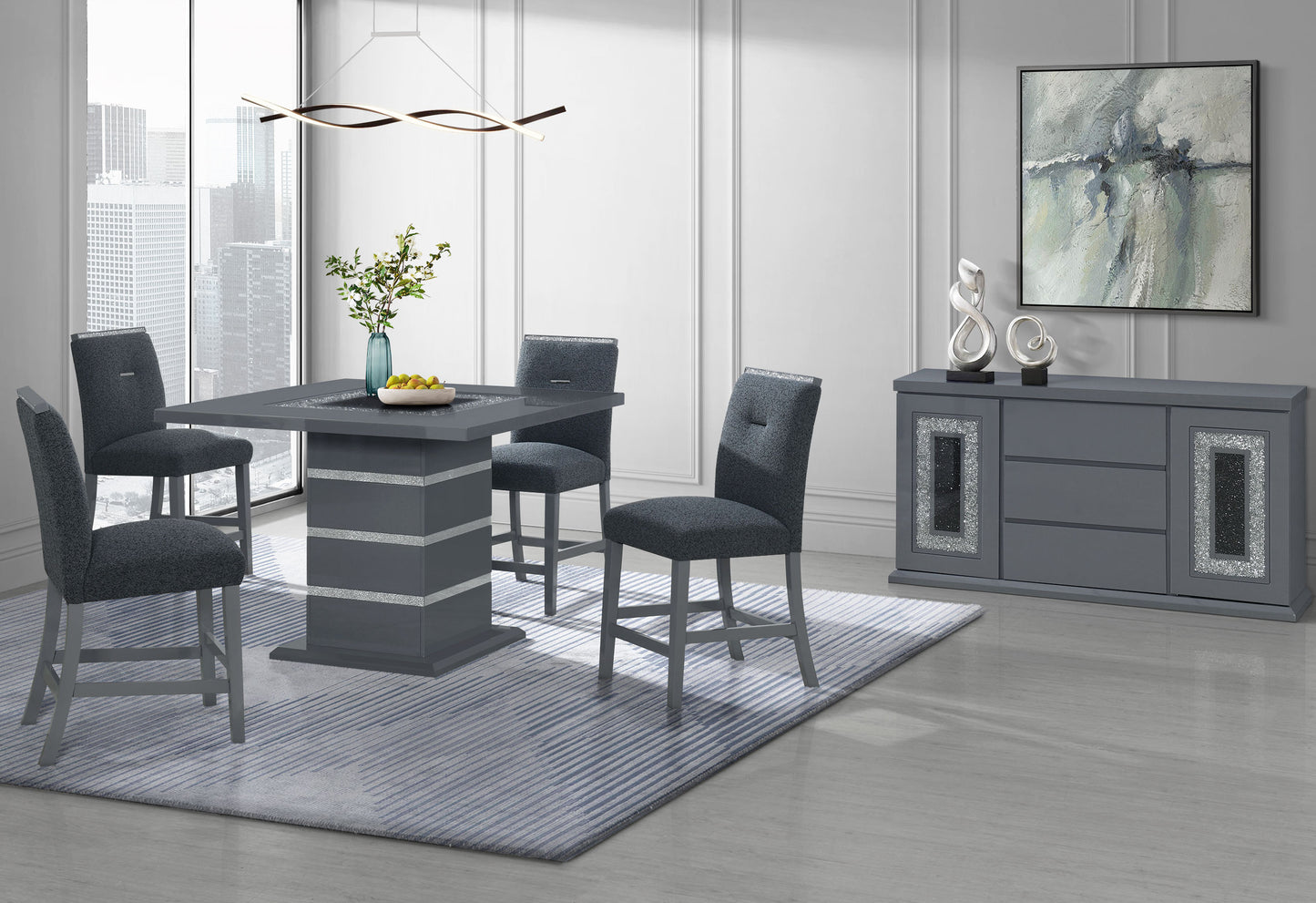 47" Dark Gray Silver And Black Glass Faux Crystal And Wood Square Bar Table