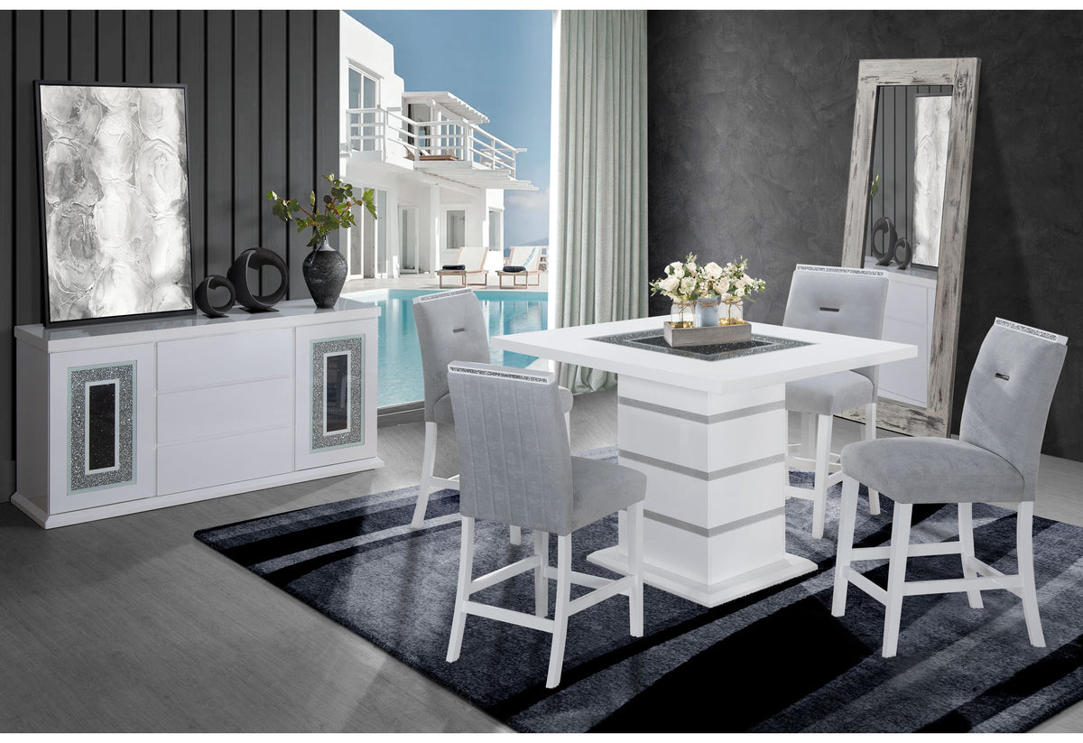 47" White Silver And Black Glass Faux Crystal And Wood Square Bar Table