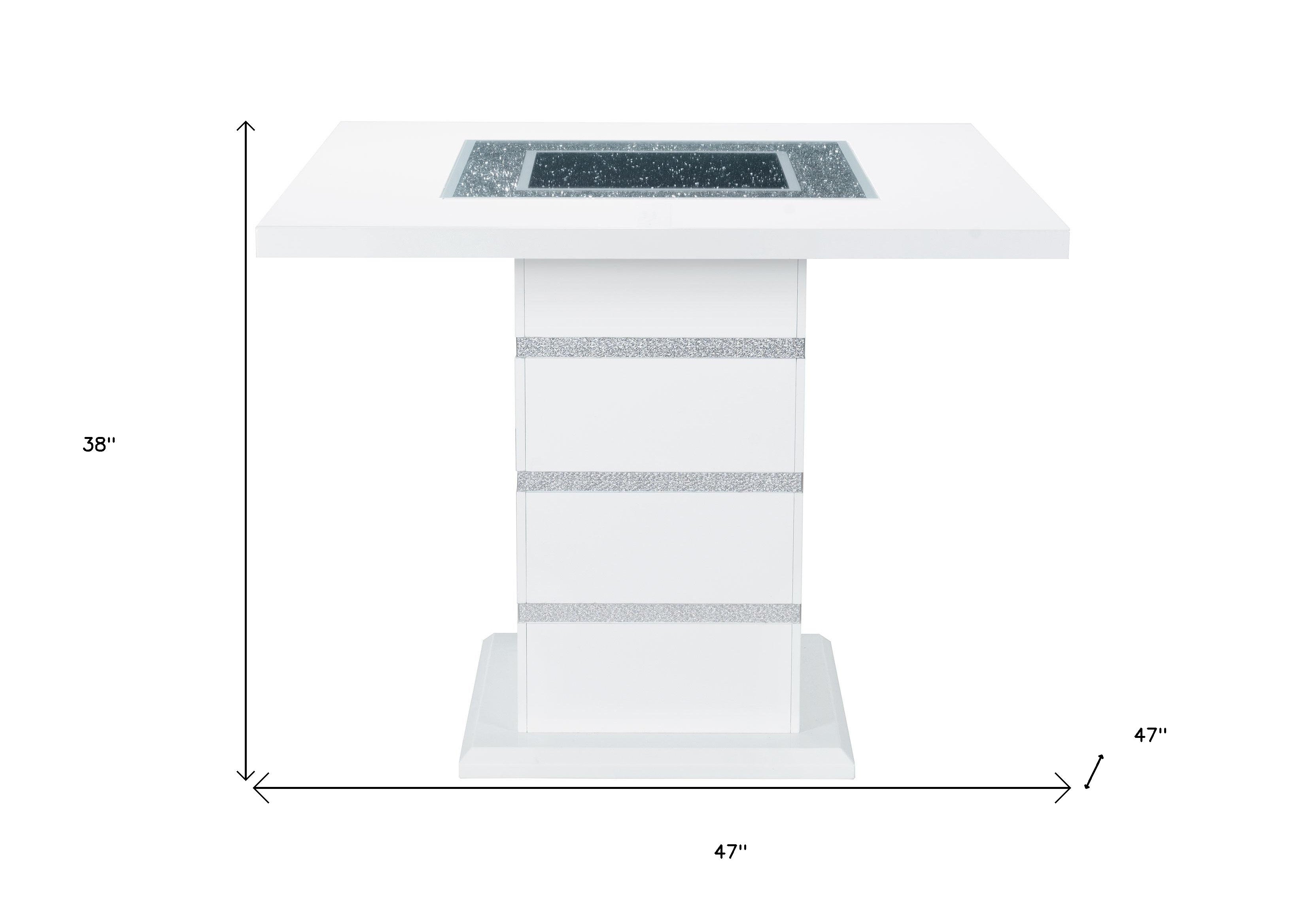 47" White Silver And Black Glass Faux Crystal And Wood Square Bar Table