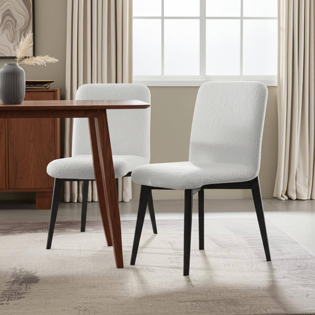 Set of Two White and Black Upholstered Boucle Dining Side Chairs