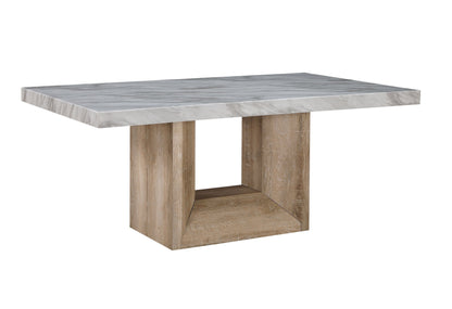 70" White and Natural Faux Marble and Wood Pedestal Base Dining Table