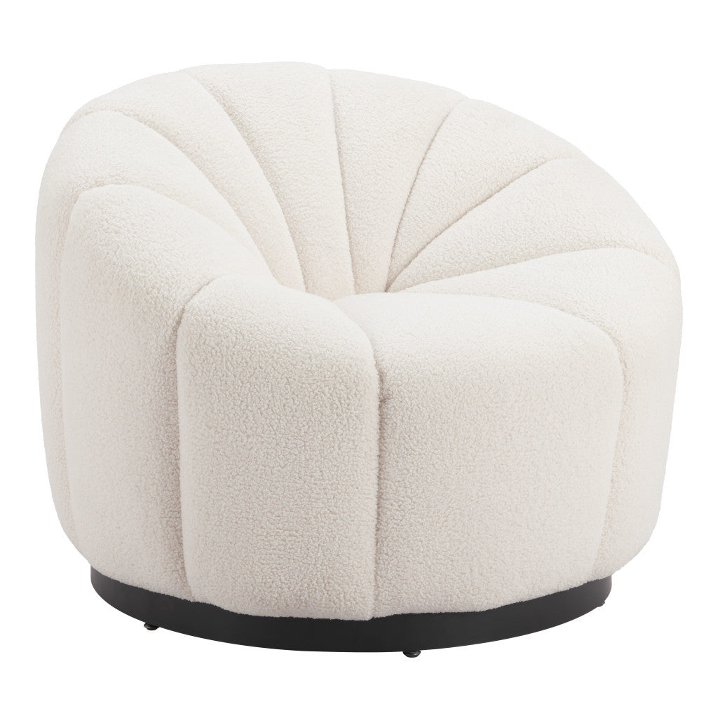 36" Cream And Black Faux Shearling And Upholstered Barrel Chair