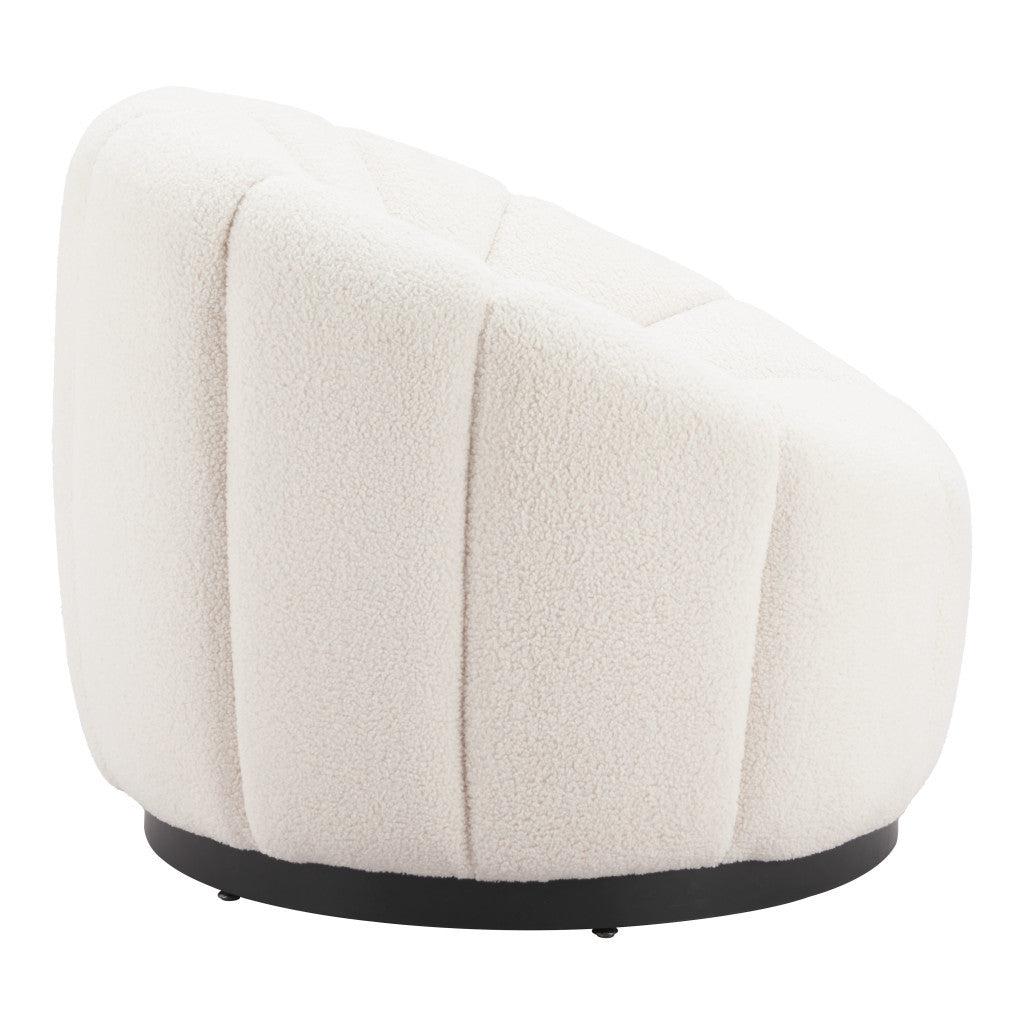 36" Cream And Black Faux Shearling And Upholstered Barrel Chair
