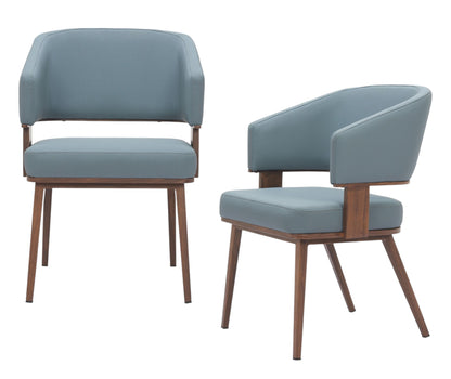 Set of Two Gray and Walnut Upholstered Faux Leather Open Back Dining Arm Chairs