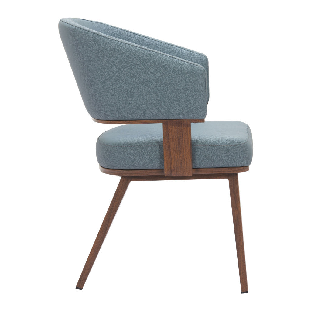 Set of Two Gray and Walnut Upholstered Faux Leather Open Back Dining Arm Chairs