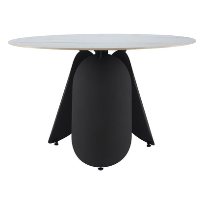 48" White and Black Faux Marble and Steel Pedestal Base Round Top Dining Table