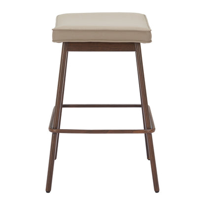 Set of Two 27" Beige and Walnut Faux Leather and Steel Backless Counter Height Bar Chairs