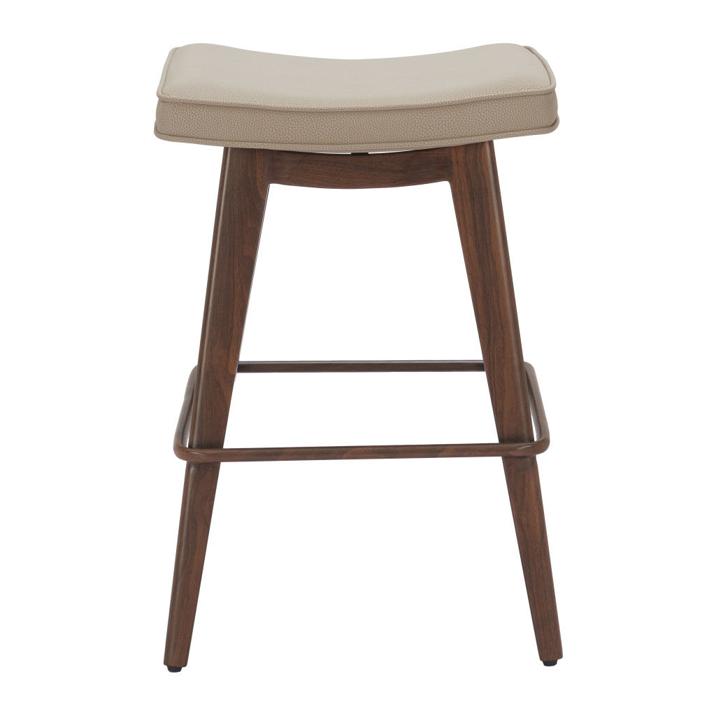 Set of Two 27" Beige and Walnut Faux Leather and Steel Backless Counter Height Bar Chairs