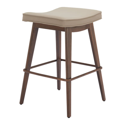 Set of Two 27" Beige and Walnut Faux Leather and Steel Backless Counter Height Bar Chairs