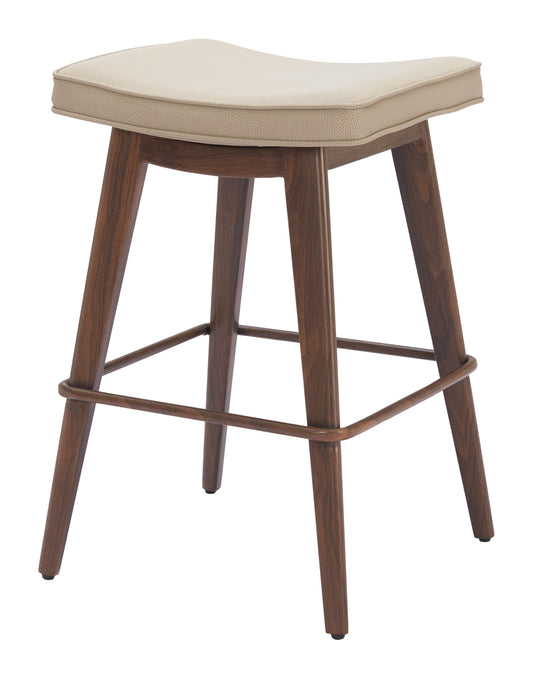 Set of Two 27" Beige and Walnut Faux Leather and Steel Backless Counter Height Bar Chairs