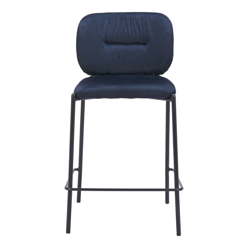 Set of Two 25" Blue and Black Velvet and Steel Counter Height Bar Chairs