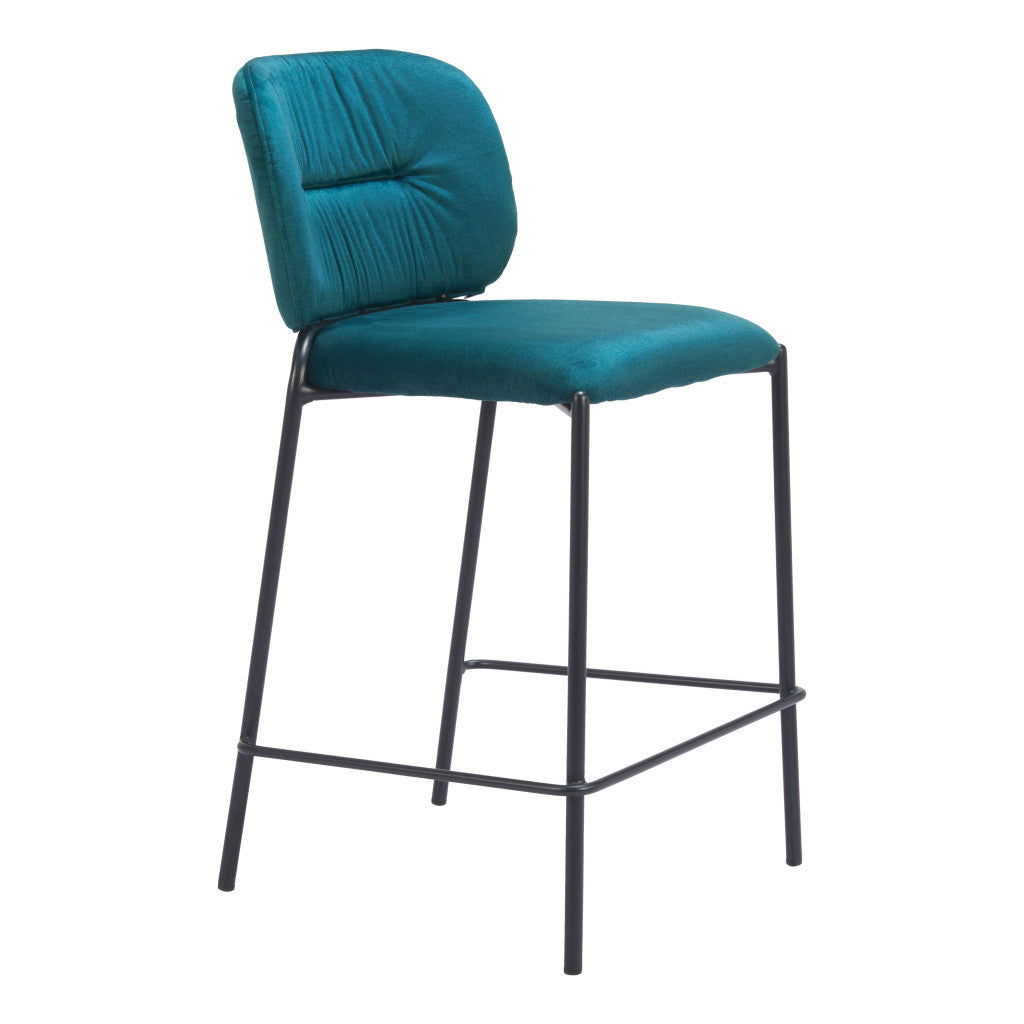 Set of Two 25" Green and Black Velvet and Steel Counter Height Bar Chairs