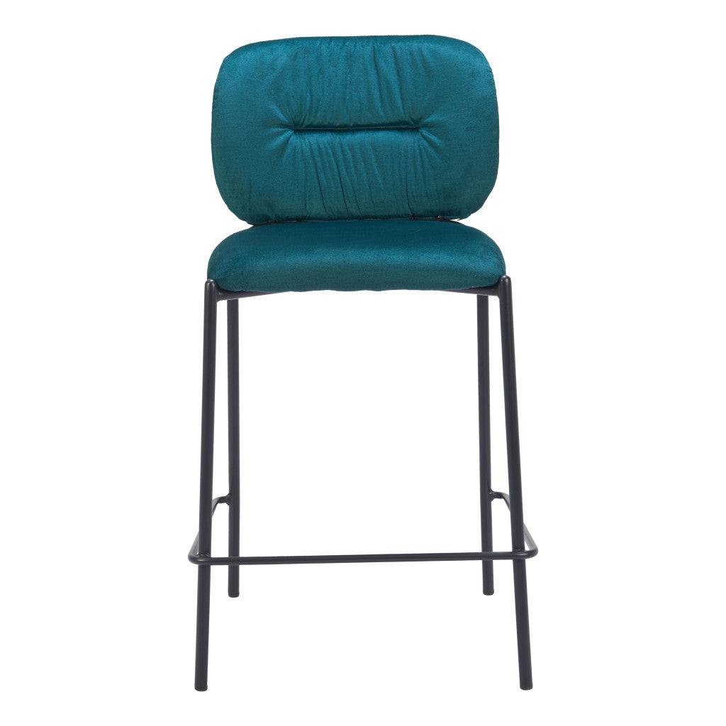 Set of Two 25" Green and Black Velvet and Steel Counter Height Bar Chairs