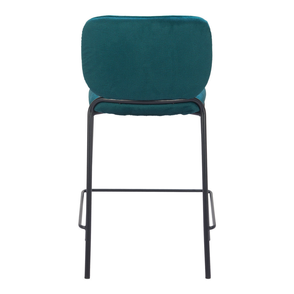 Set of Two 25" Green and Black Velvet and Steel Counter Height Bar Chairs