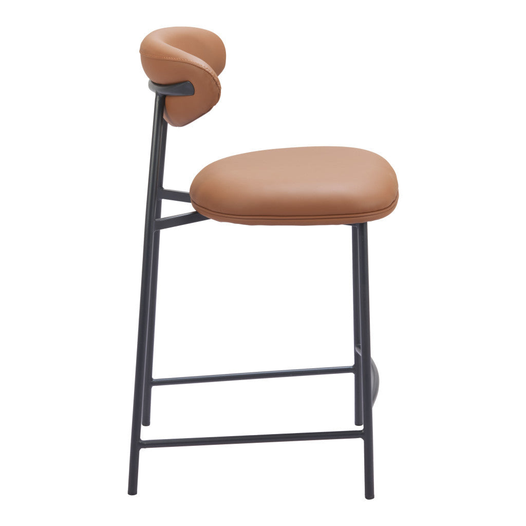Set of Two 25" Brown and Black Faux Leather and Steel Low Back Counter Height Bar Chairs