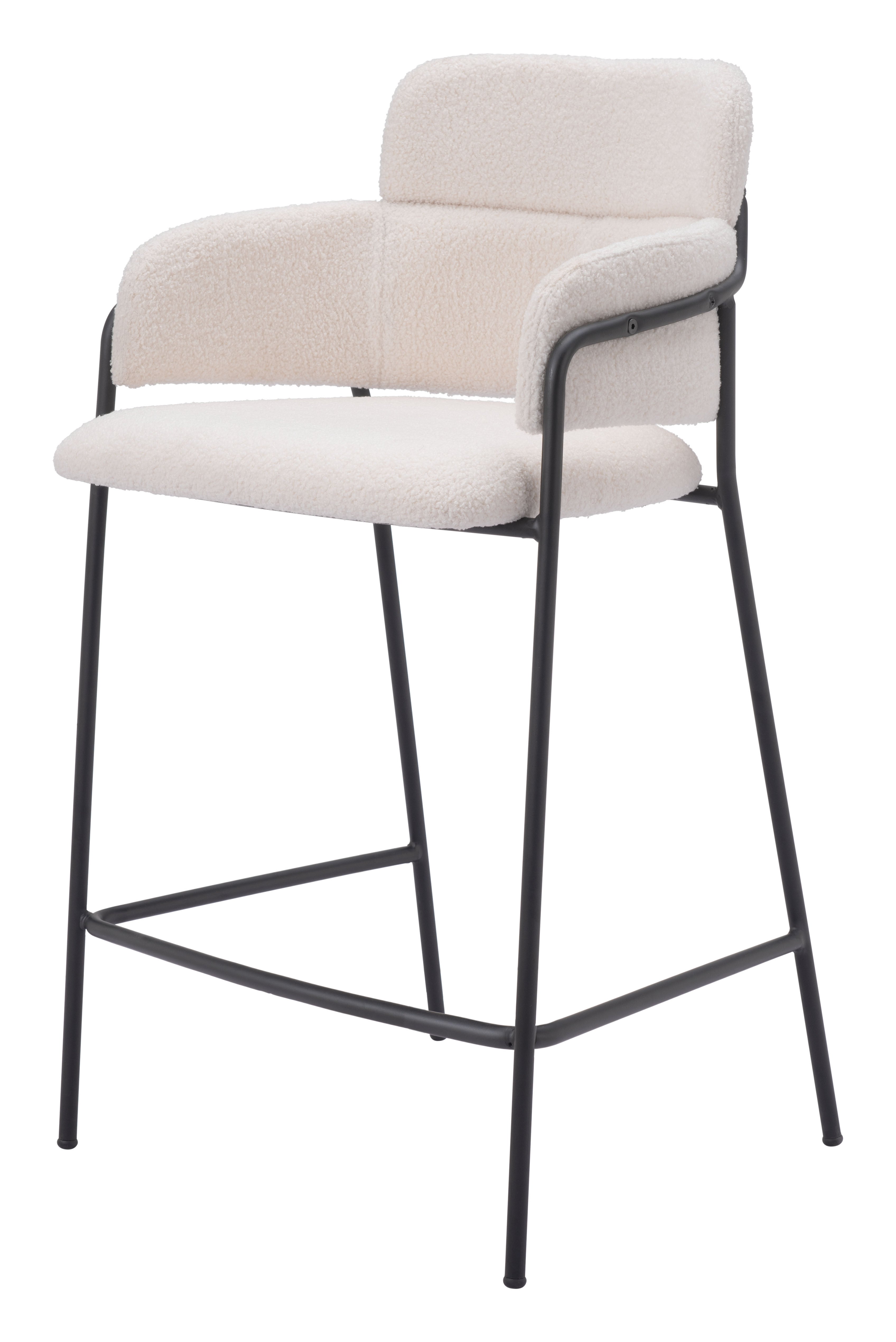 Set of Two 26" Cream and Black Faux Shearling and Steel Counter Height Bar Chairs