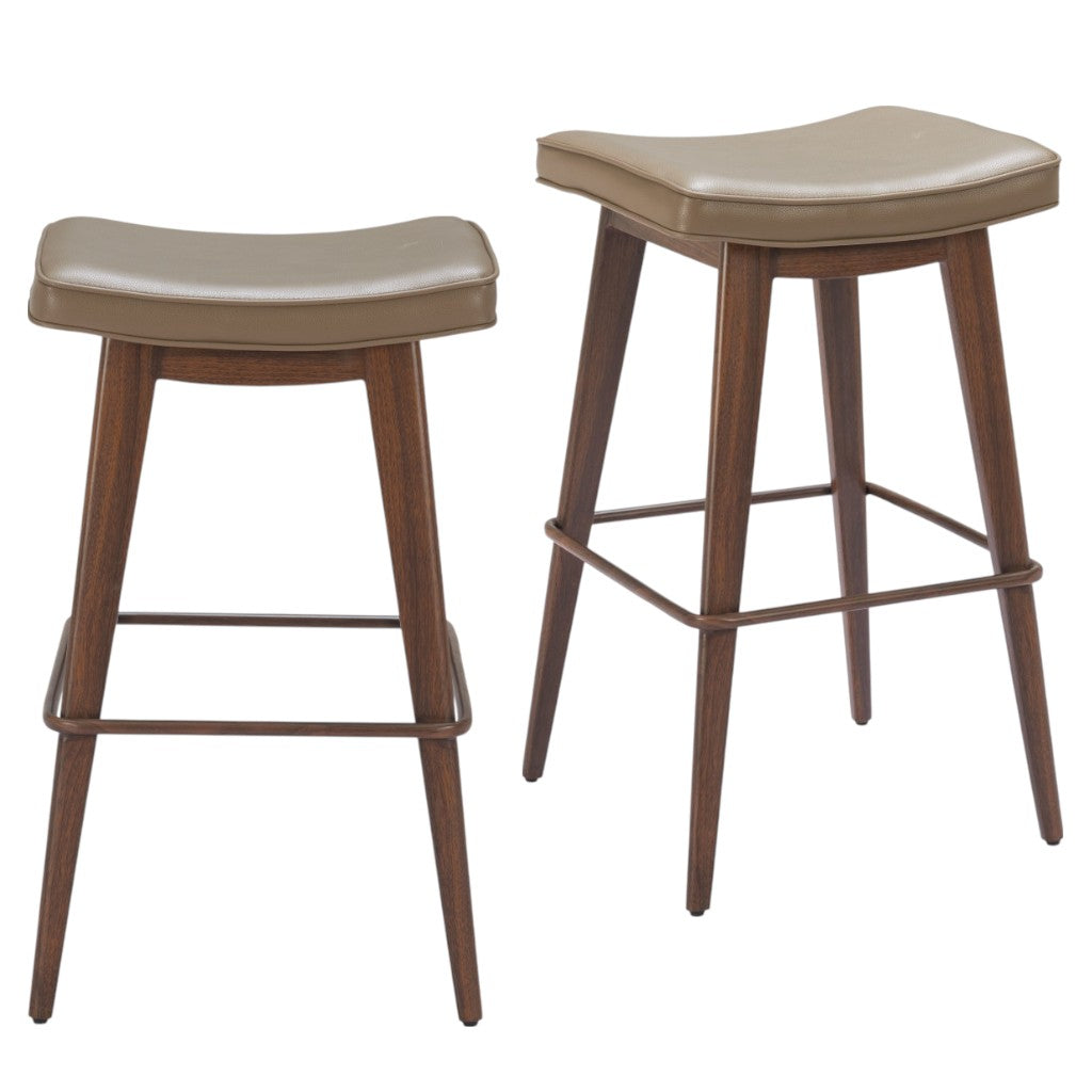 Set of Two 31" Taupe and Walnut Faux Leather and Steel Backless Bar Height Bar Chairs