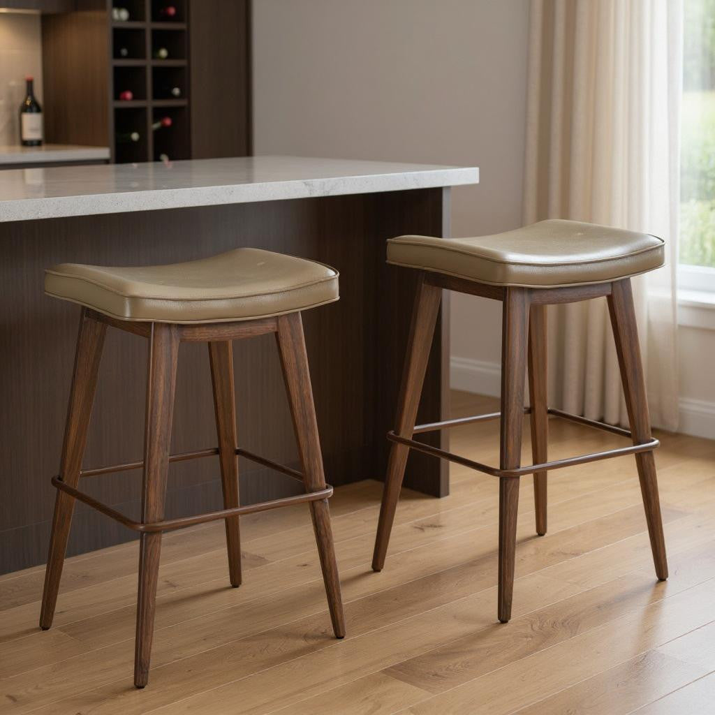 Set of Two 31" Taupe and Walnut Faux Leather and Steel Backless Bar Height Bar Chairs