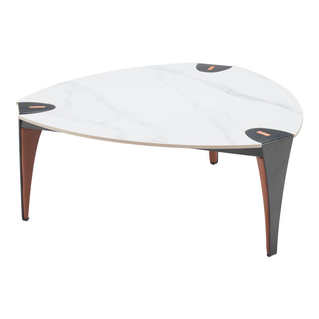 36" White and Black Sintered Stone Faux Leather And Steel Triangle Coffee Table