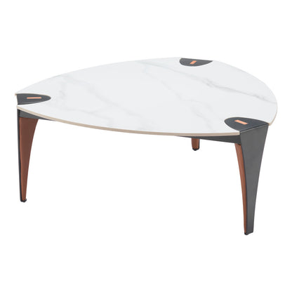 36" White and Black Sintered Stone Faux Leather And Steel Triangle Coffee Table