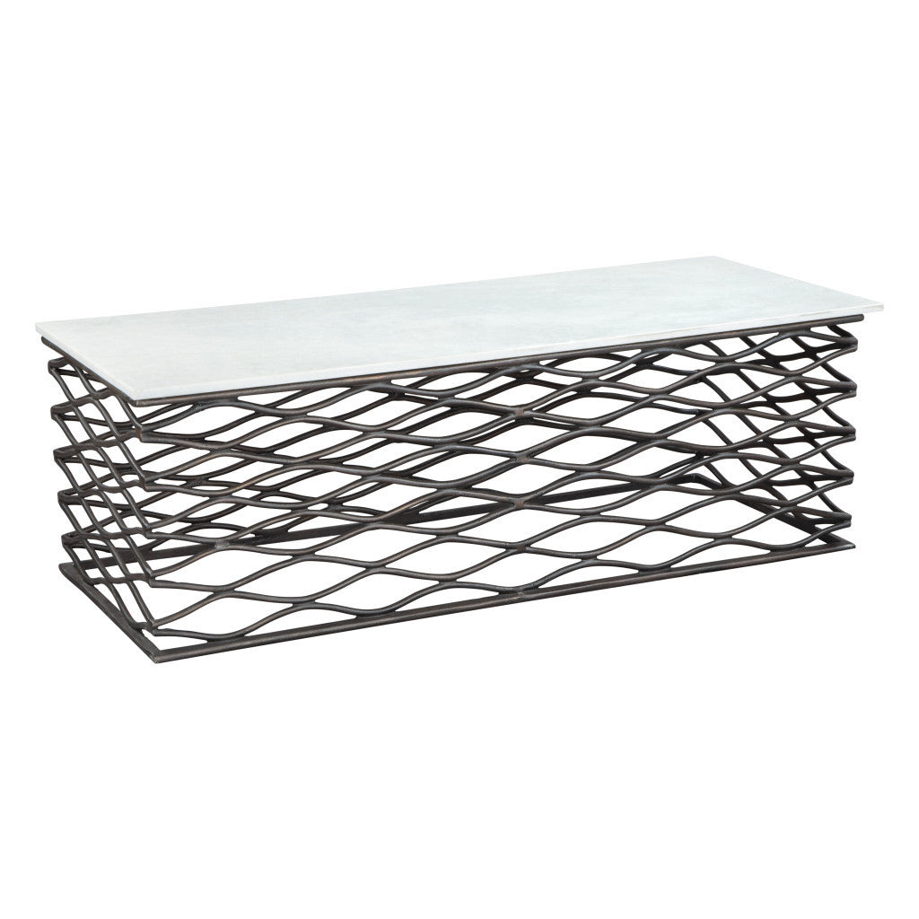 50" White and Antiqued Bronze Genuine Marble and Aluminum Abstract Coffee Table