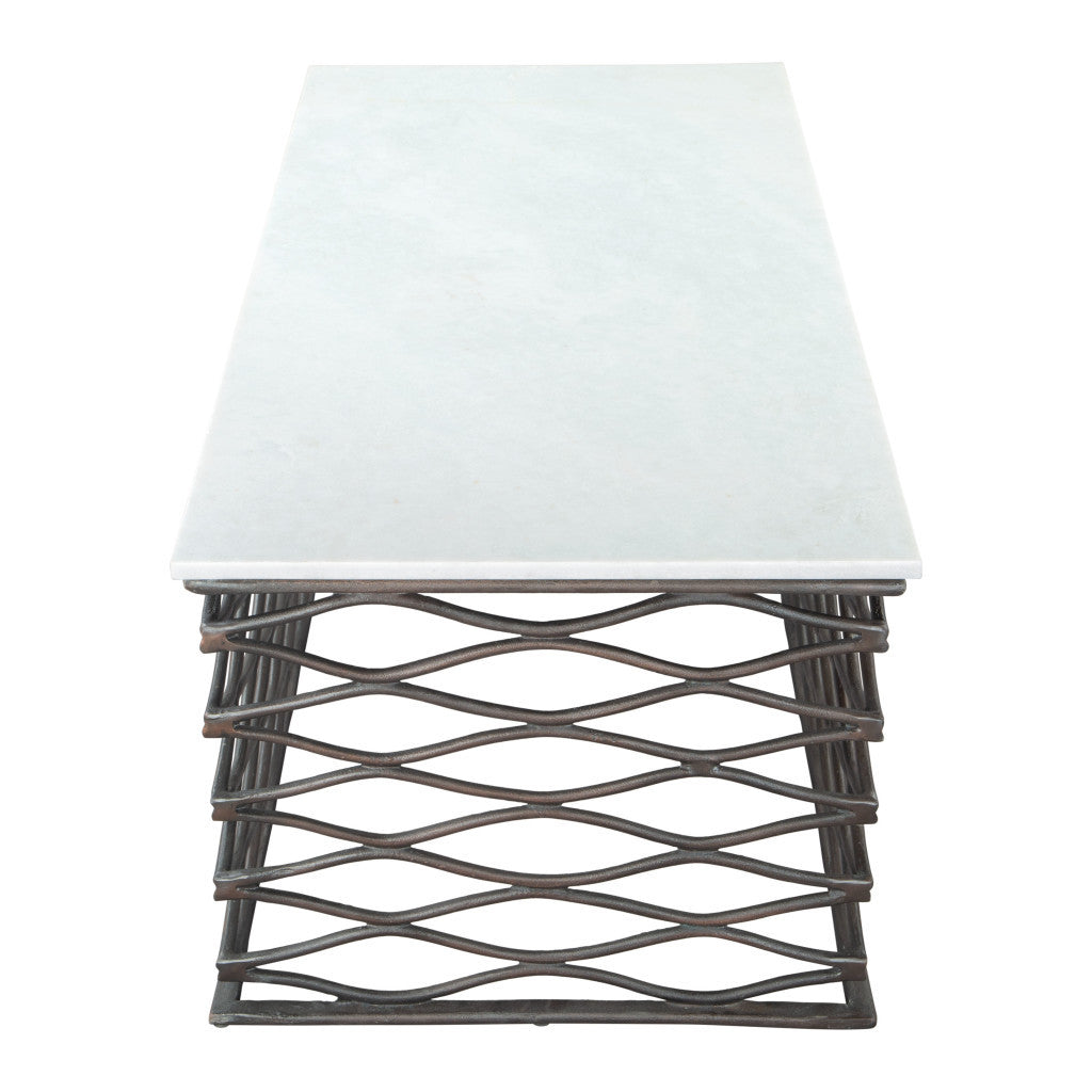 50" White and Antiqued Bronze Genuine Marble and Aluminum Abstract Coffee Table