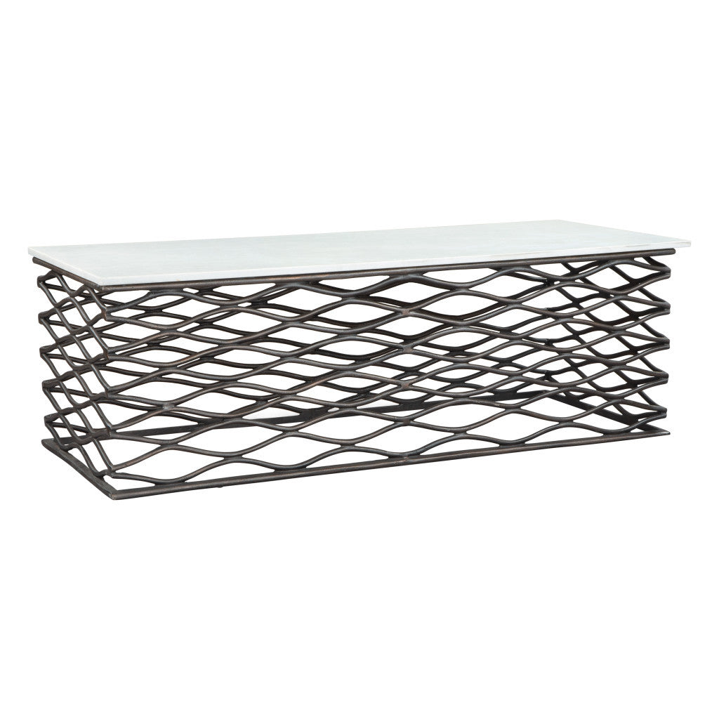 50" White and Antiqued Bronze Genuine Marble and Aluminum Abstract Coffee Table