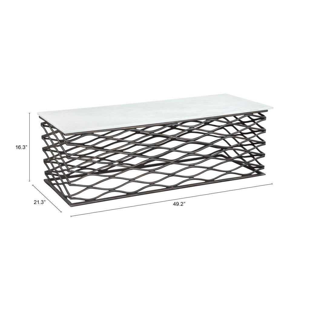50" White and Antiqued Bronze Genuine Marble and Aluminum Abstract Coffee Table