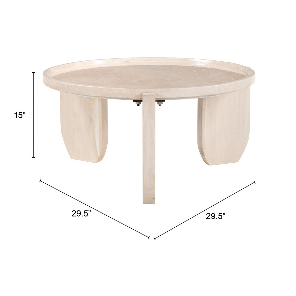 30" Natural Genuine Marble and Marble Round Coffee Table
