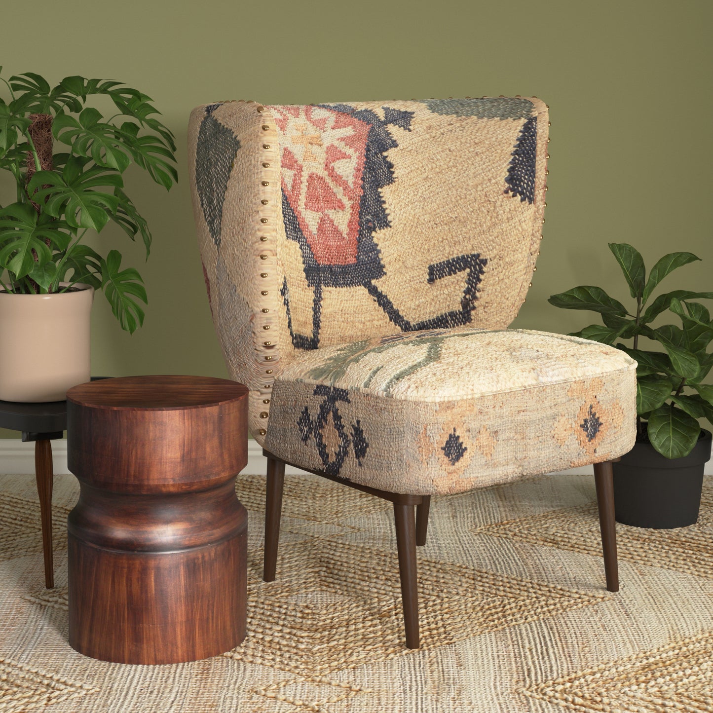 26" Beige Blue and Red  Jute Southwestern Wingback Chair