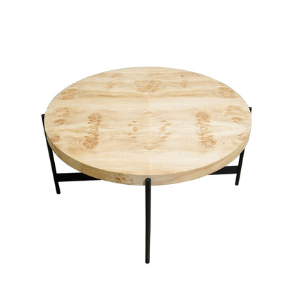 36" Natural And Black Wood and Iron Round Coffee Table