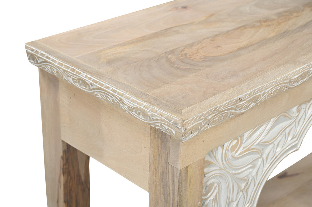 56" Natural Solid Wood Distressed Console Table With Shelf