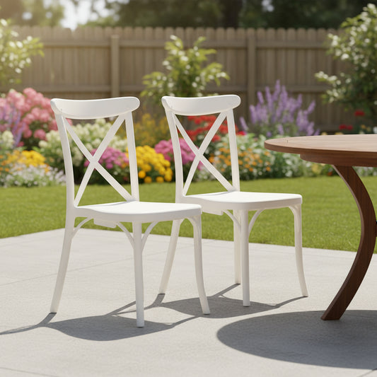 Set of Two White Heavy Duty Plastic Outdoor Stacking Dining Chairs