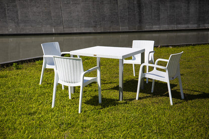 Set of Two White Faux Rattan Heavy Duty Plastic Outdoor Stacking Arm Chairs