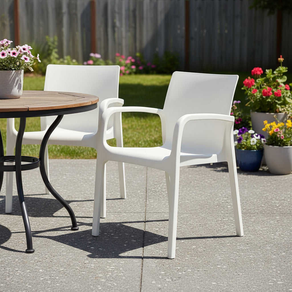 Set of Two White Heavy Duty Plastic Outdoor Stacking Dining Chairs
