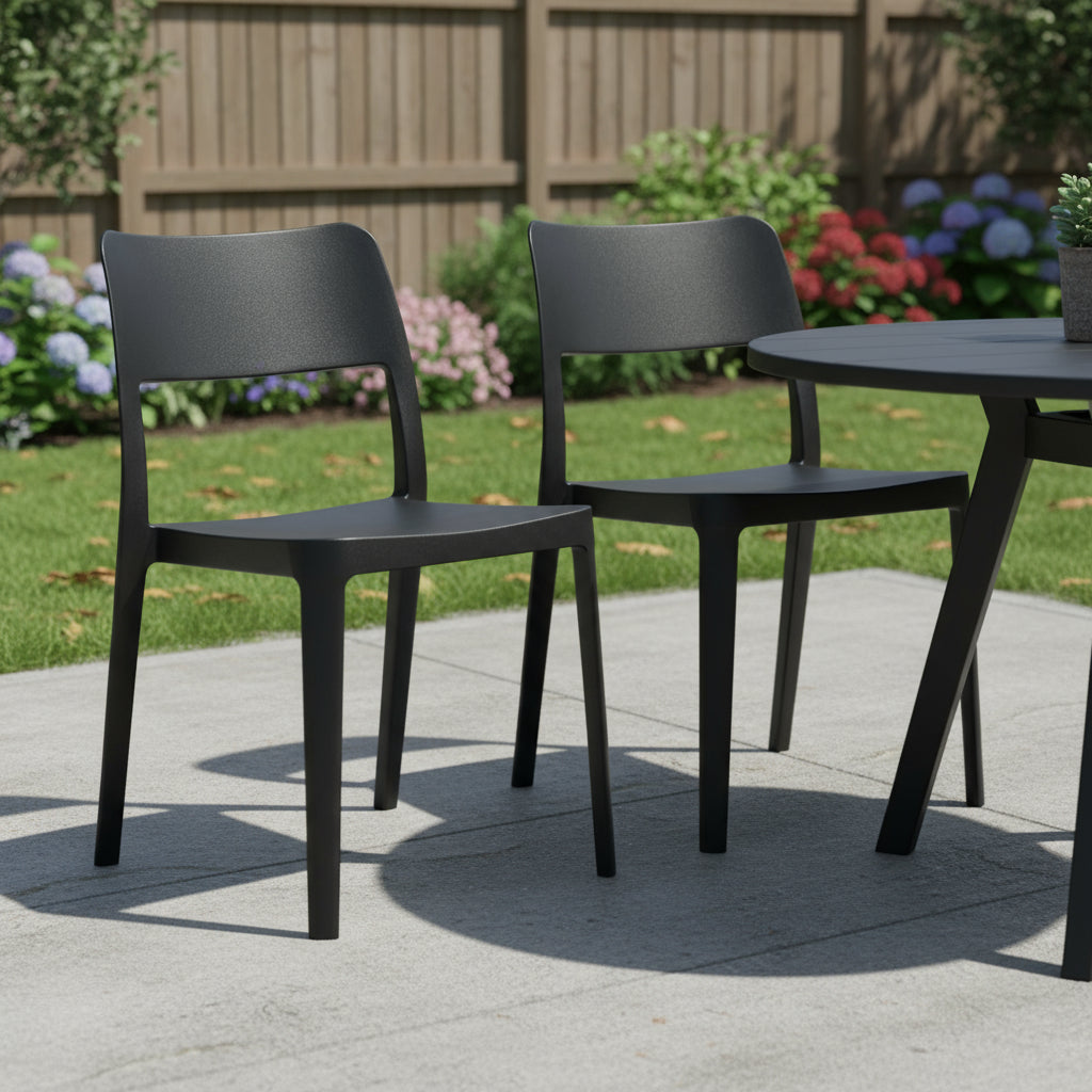 Set of Two Black Heavy Duty Plastic Outdoor Stacking Accent Chairs