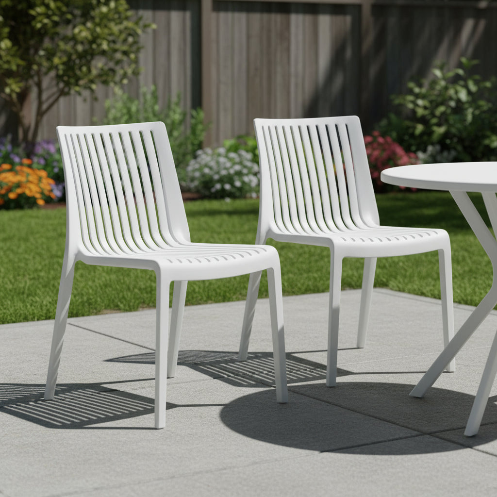 Set of Two White Heavy Duty Plastic Outdoor Stacking Accent Chairs