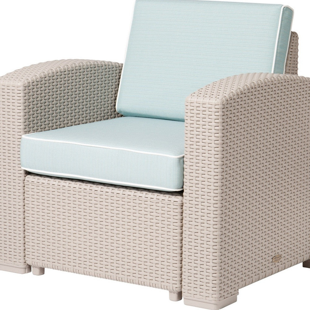 33" Gray Heavy Duty Plastic Outdoor Club Chair With Blue Cushion