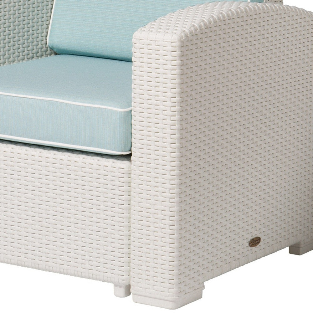 33" White Heavy Duty Plastic Outdoor Club Chair With Aqua Blue Cushion