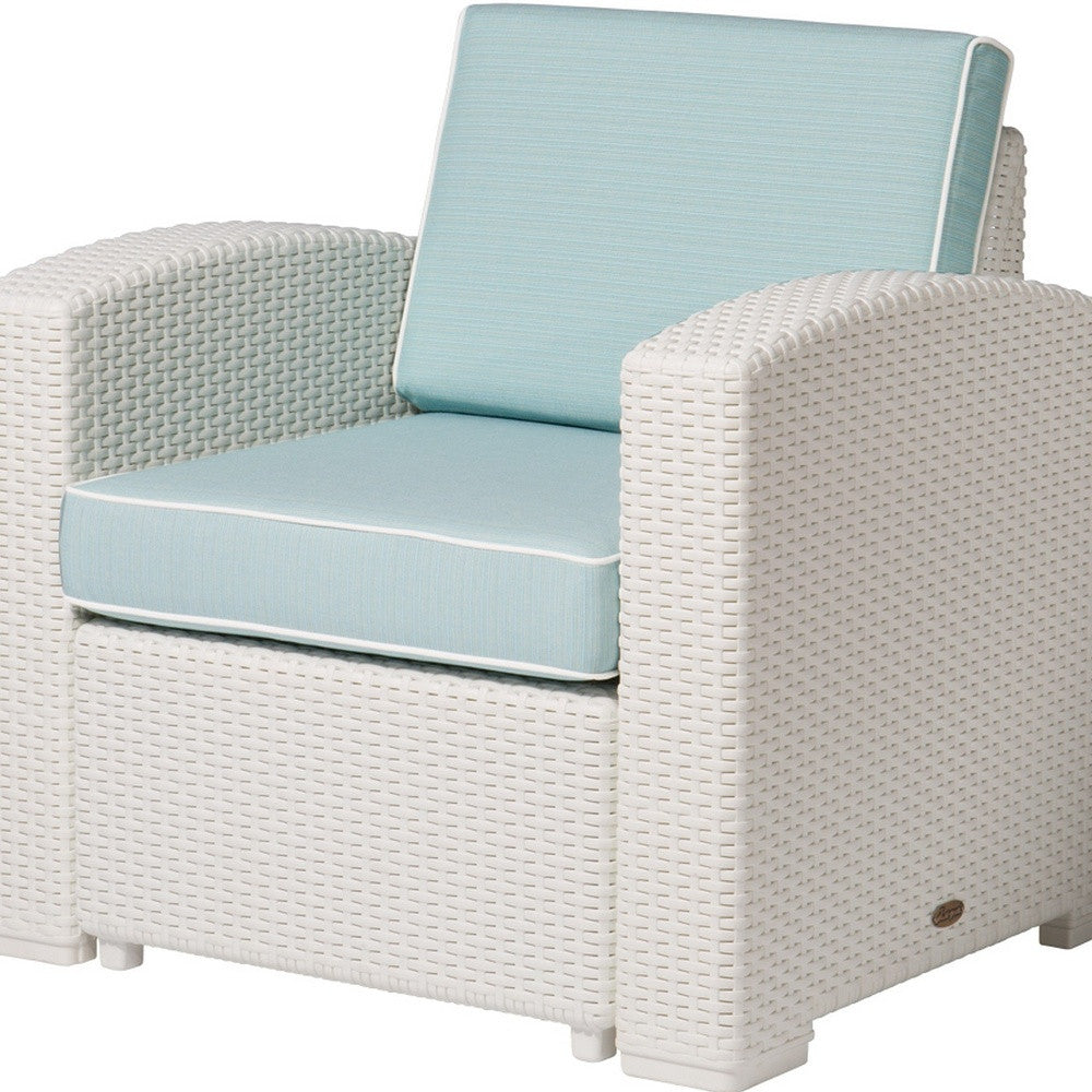 33" White Heavy Duty Plastic Outdoor Club Chair With Aqua Blue Cushion
