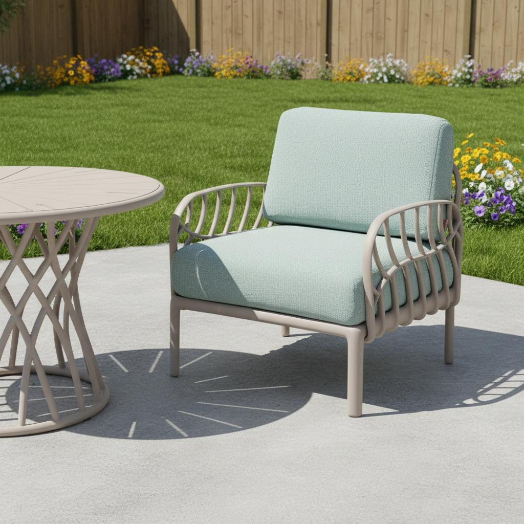 31" Gray Heavy Duty Plastic Outdoor Armchair With Sea Green Cushion