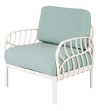 31" White Heavy Duty Plastic Outdoor Armchair With Sea Green Cushion