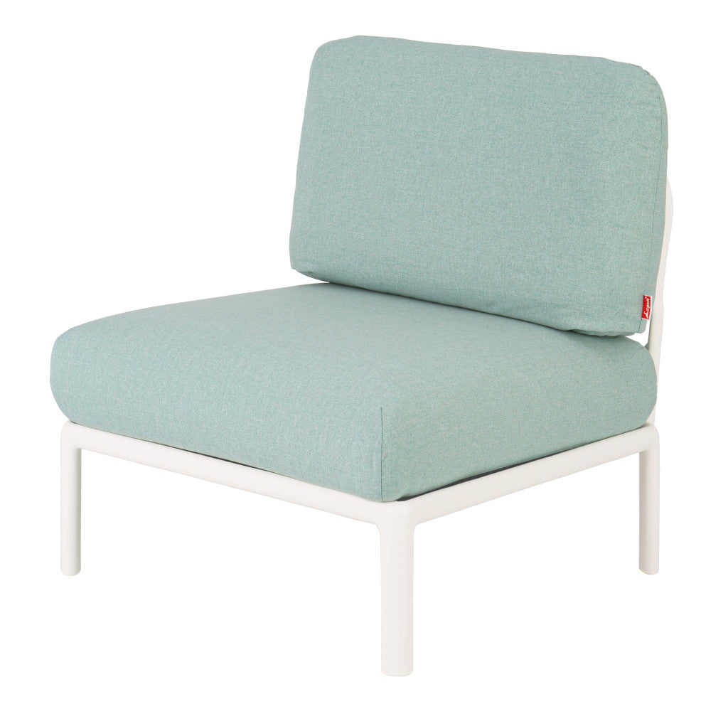 31" White Heavy Duty Plastic Outdoor Armchair With Sea Green Cushion